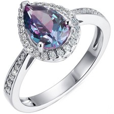 925 Silver Alexandrite Ring, June Birthstone, Trilogy Halo Engagement Ring