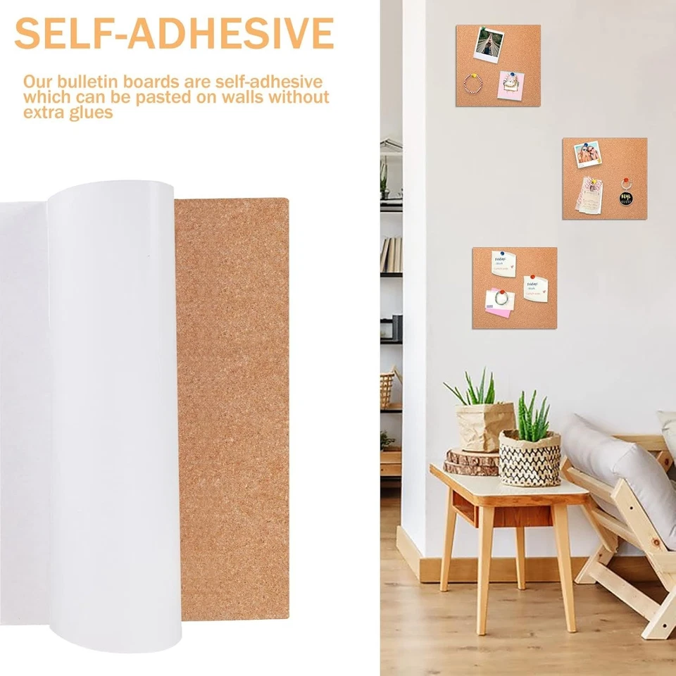 3 Pack Self-Adhesive Cork Board Tiles 7.9"x7.9" w/ 50 Multi-Color Push Pins - Image 4 of 4
