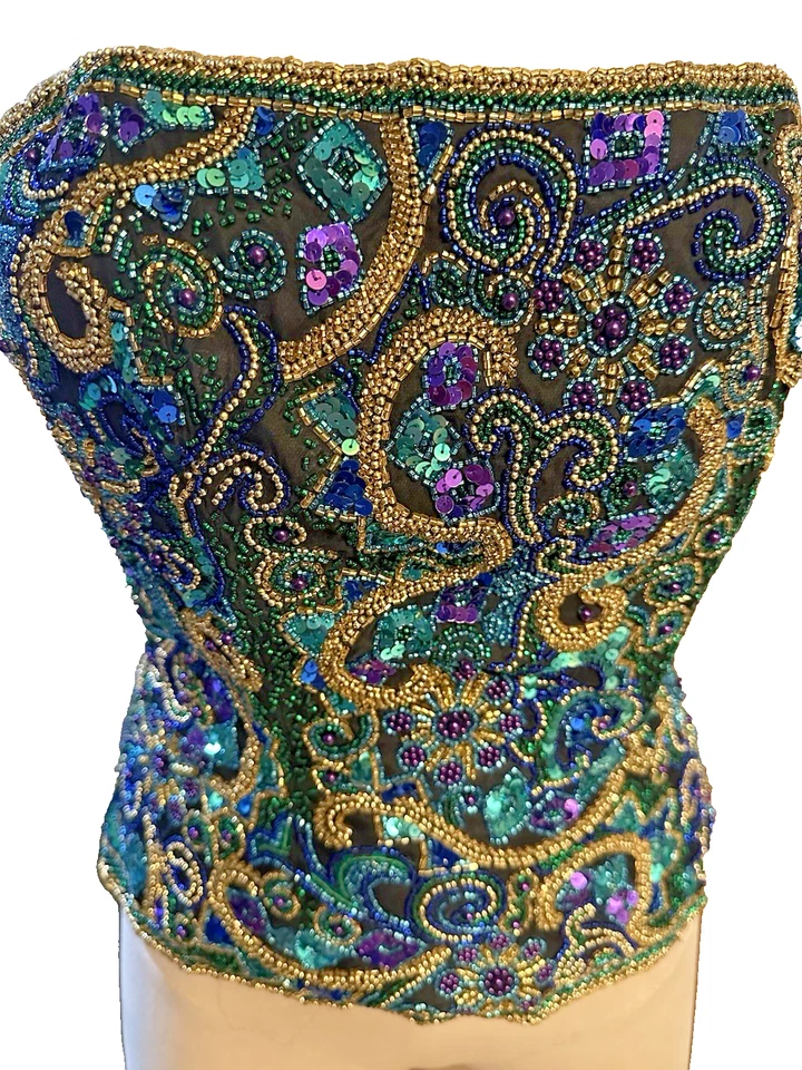 Corsé bustier de seda con cuentas pesadas corbata negra vintage OLEG CASSINI mediano Foto 2 de 4