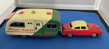 1950 s Tin Toy Friction Car Red Towing House Trailer Japan Great Condition.