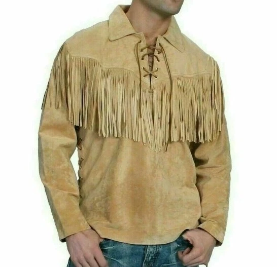 New Men Traditional Native American Western Cowboy Suede Leather Fringed Jacket