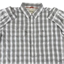 SIMMS Men's 2XL Fishing Shirt Gray Plaid Pearl Snap Long Sleeve Vented Mesh Line