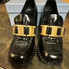 Woman Prada Leather Chain Block Heel Closed Toe Loafer Black Shoes