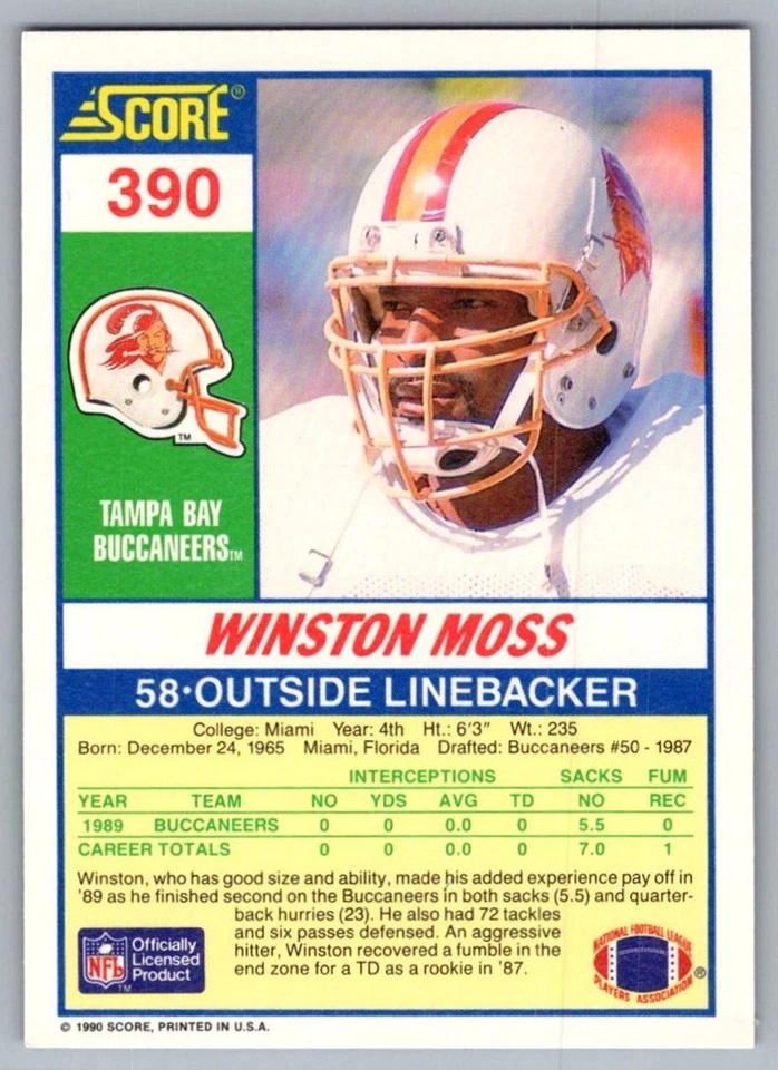 1990 Score Winston Moss Rookie Tampa Bay Buccaneers #390 - Image 2 of 2