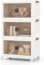 HOMGX 3 Tier Stackable Storage Bins, Collapsible Closet Organizers w/Wheels a...