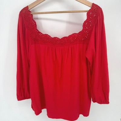 Loft Outlet Peasant Blouse Womens Medium Red Eyelet Lace Trim Long Sleeve Top