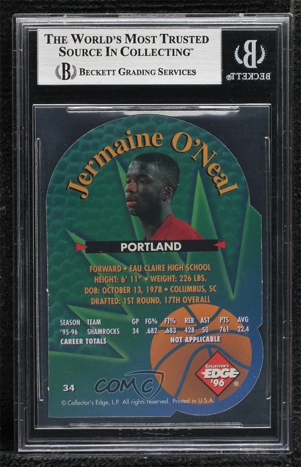 1996 Collector's Edge 新秀 Rage 模切 Jermaine O'Neal #34 BGS 9 完好 RC — 第 2/2 张图片