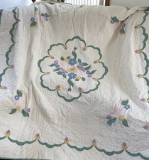 Vintage 76x82 Hand Stitched Applique Flower Floral Quilt READ