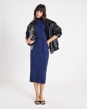 River Island Womens Midi Dress Navy Sleeveless Belted Rib High Neck Knitted