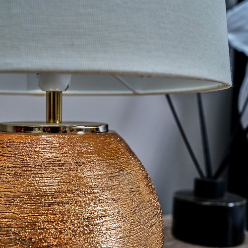 Table Lamp Copper Ceramic Base Bedside Living Room Light Cotton Shade LED Bulb - Picture 7 of 11