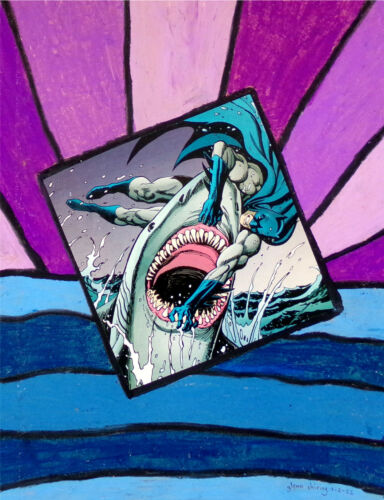 Collage clip clip dessin d'art original et bande dessinée Batman + Shark, 1/1 signé unique - Photo 1 sur 4