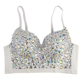 Women AB Colored Rhinestone Bustier Crop Top Strap Push Up Corset 