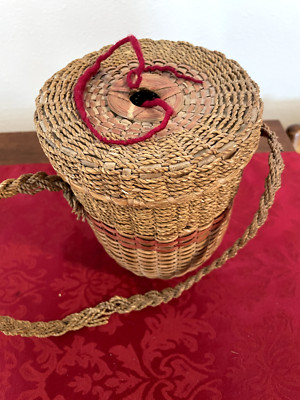 Penobscot String or MicMac? Basket with Lid and Strap  Sweetgrass, ash & cording