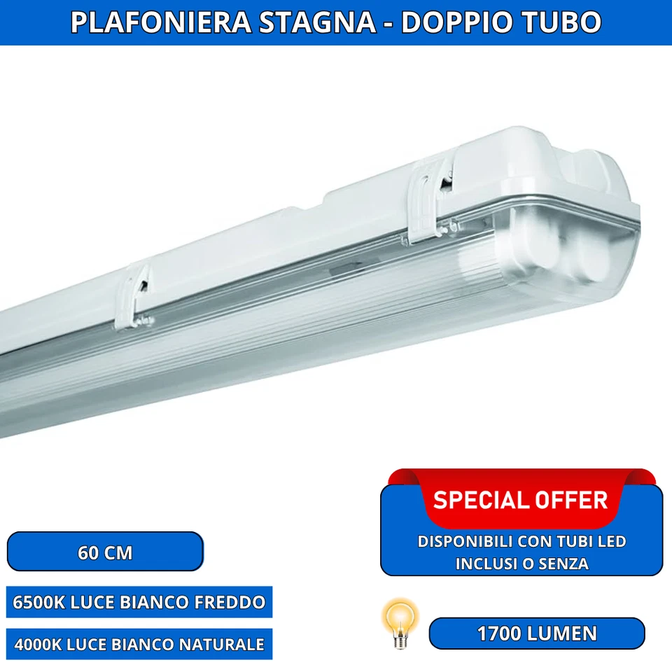PLAFONIERA STAGNA LED COMPLETA DI NEON TUBO T8 60-120-150 CM 220V SOFFITTO IP65 - Immagine 2 di 4