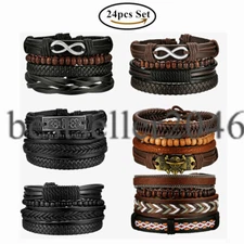 4-24pcs Men Women PU Leather Bracelet Infinity Beaded Braided Cuff Wristband Set
