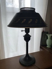 Vintage TOLE 20” Black & Gold Metal Table Desk LAMP Shade & Glass Diffuser