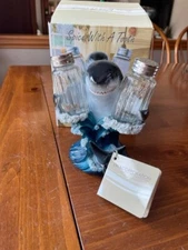 Spice With A Tooth ~Shark~Salt-Pepper Shaker Set Holder~Figurine-NIB