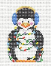 Penguin Tangled in Christmas Lights w/ Ear Muffs Needlepoint Canvas Suz. Roberts