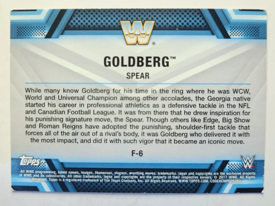 2017 Topps WWE Then Now Forever #F-6 GOLDBERG FINISHERS & SIGNATURE MOVES - Image 2 of 2