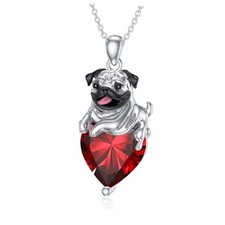 Pug Heart Birthstone Necklace 925 Sterling Silver Pug Dog Pendant 01-Jan-Garnet