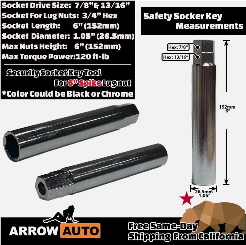 24 Chrome 6"Tall 14x1.5 XL Spike Lug Nut+Key Fit: Chevrolet Silverado 1500/Tahoe - Image 4 of 4