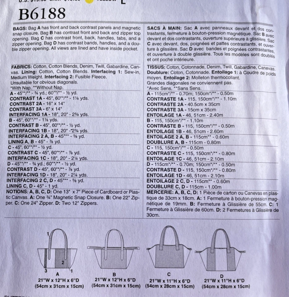 Sewing Pattern #B6188 Tote Bag with Four Style Designs Factory Fold - Image 3 of 3