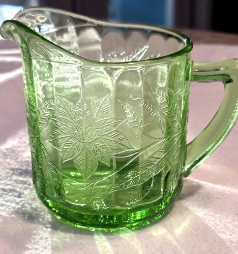 Jeanette Glass Depression Uranium Green Floral Poinsettia Glass Creamer