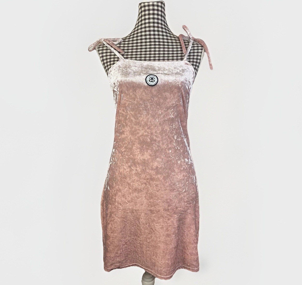 STUSSY Baby Pink Crushed Velvet Tie Strap Mini Dress Size 12AU