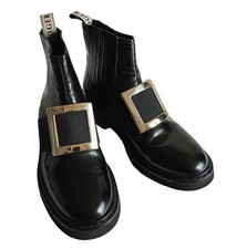 100% AUTHENTICROGER VIVIER BLACK VIV RANGERS LEATHER BUCKLE CHELSEA BOOTS (38.5)