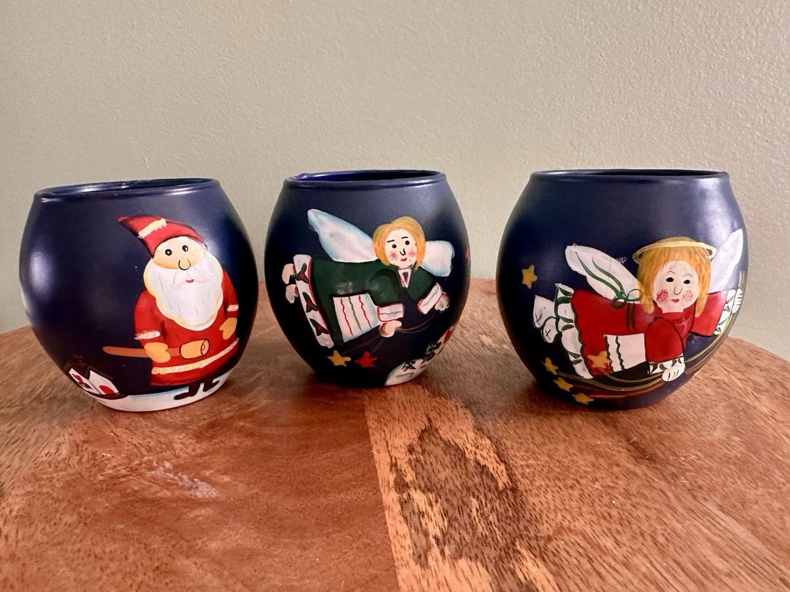 Hand painted ceramic Christmas candle holders, Santa & Angel