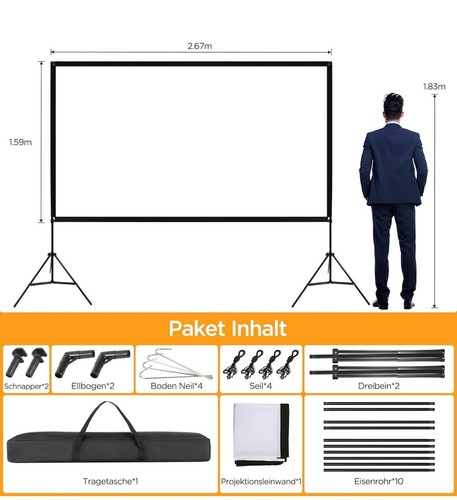 VISULAPEX 120" Leinwand Beamer mit Stand HD 4K 16: 9, 160° mit Stativ, Schwarz - Bild 2 von 7