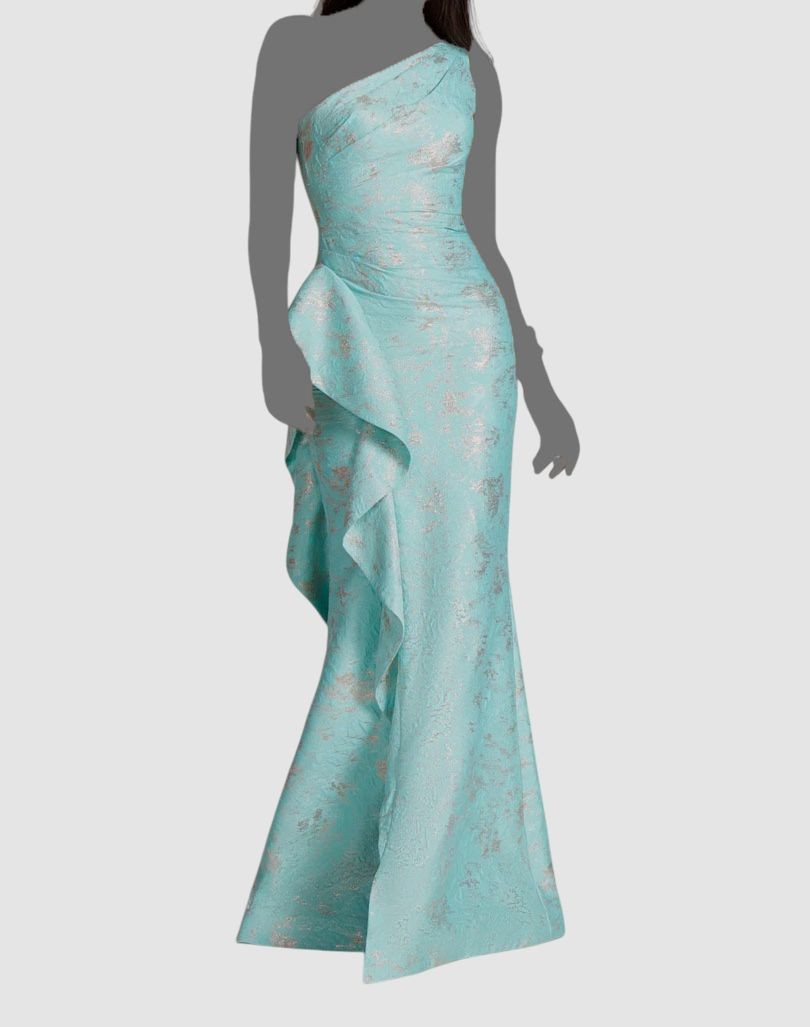 Rickie Freeman for Teri Jon Women's Blue Metallic One-Shoulder Gown Dress Sz 12