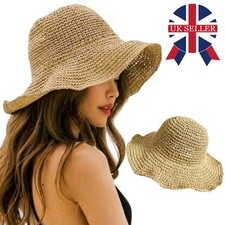 Floppy Foldable Ladies Women Straw Beach Sun Hat Summer Travel Wide Brim Cap UK