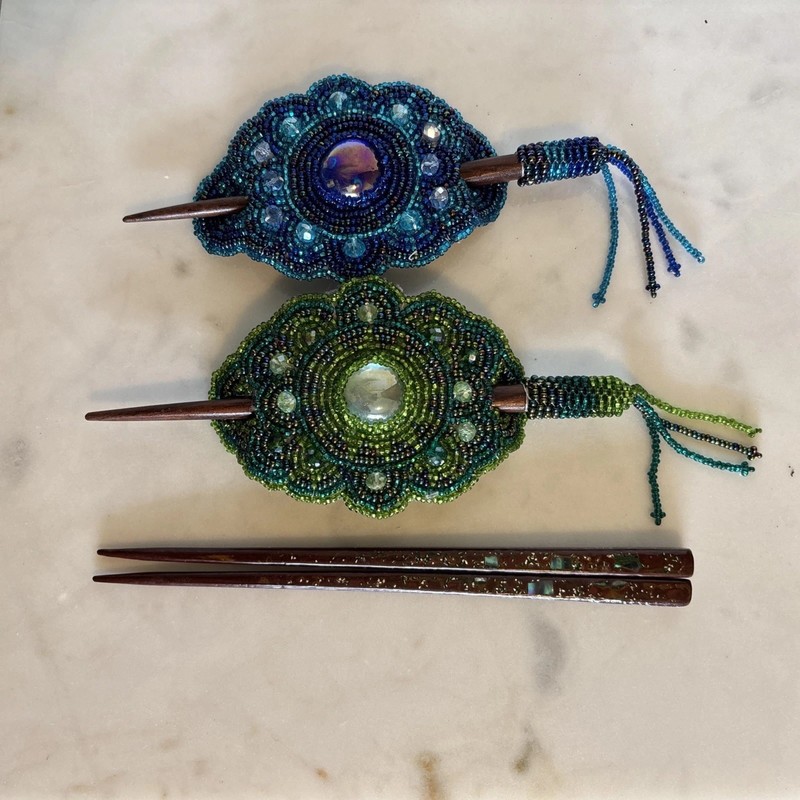 2 Handmade Blue Green Seed Bead Hair Pin Clip Barrette Bun Wrap & Hair Sticks