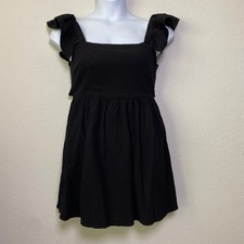 Mami Black Ruffle Sleeve Tie Back Mini Large Dress Square Neck Textured Pockets