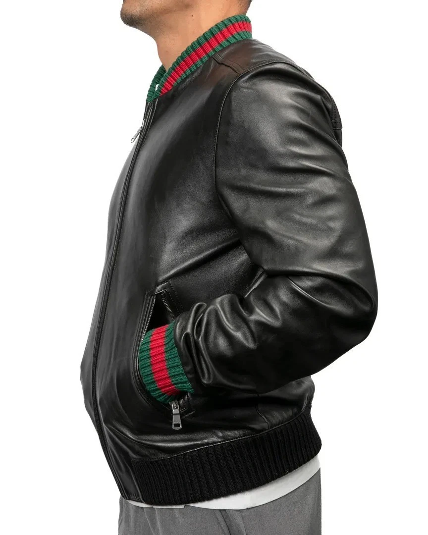Men Leather Jacket Classic Varsity Bomber Jacket Genuine Black Leather Luxury image 3