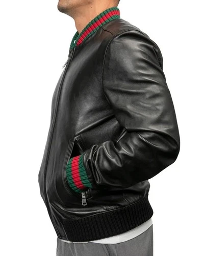 Men Leather Jacket Classic Varsity Bomber Jacket Genuine Black Leather Luxury image 3