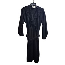 Together! Black Lambswool Angora Wrap Dress Lace  Vintage Size 12