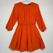 J.Crew Womens Mini Dress S Orange Smocked Waist 100% Linen Lined 3/4 Sleeve