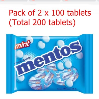 Pack of 2 x 100 Tablets(Total 200 Tablets)Mentos Mint Flavor Chewy Dragees Candy
