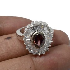 Smoky Quartz Ring Gold Plated CZ Halo Statement Cocktail Boho Gift Women