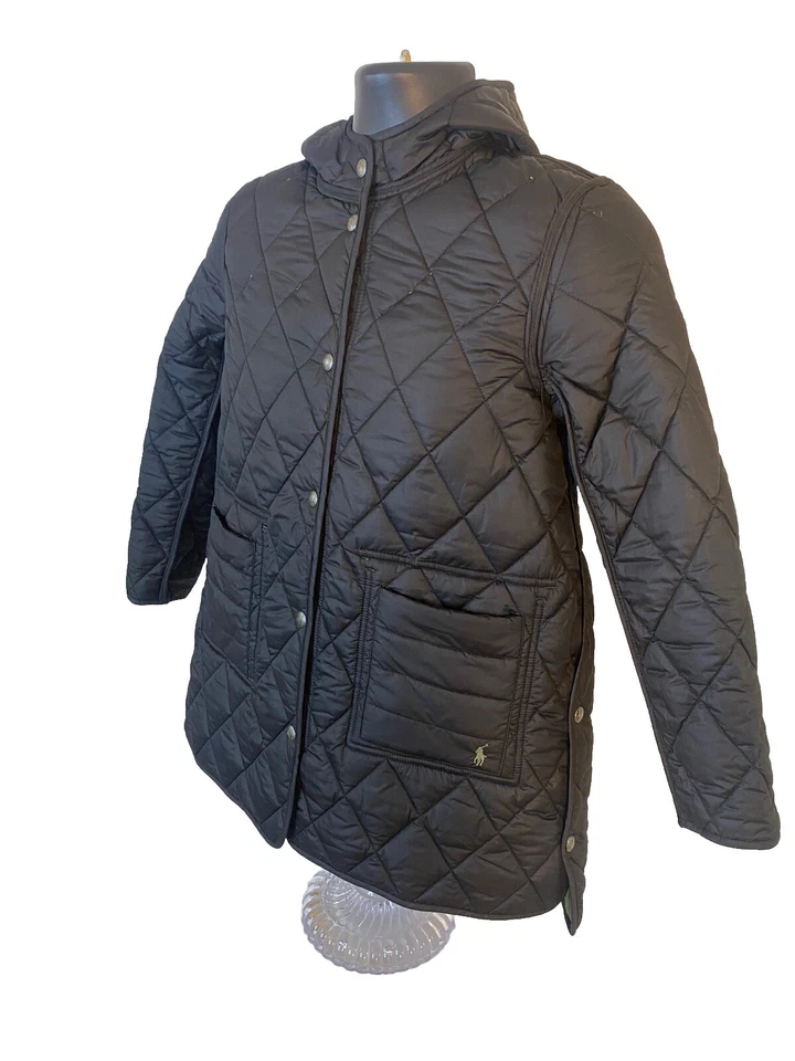Chaqueta Polo Ralph Lauren Niñas Mediana 8-10 Negra Verde Acolchada Reversible Con Capucha Foto 4 de 4
