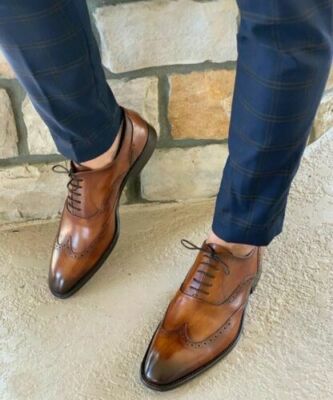 Herren Handarbeit Schuhe hellbraun Wingtip Leder Schnürung formelles Kleid Freizeit Stiefel