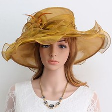 New Church Kentucky Derby Organza Wave Wide Brim Ascot Dress Hat 3018 golden