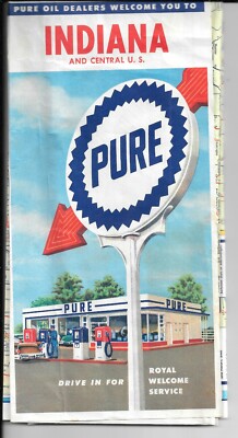 Vintage, Original, PURE OIL DEALERS, INDIANA and Central U. S. Road Map