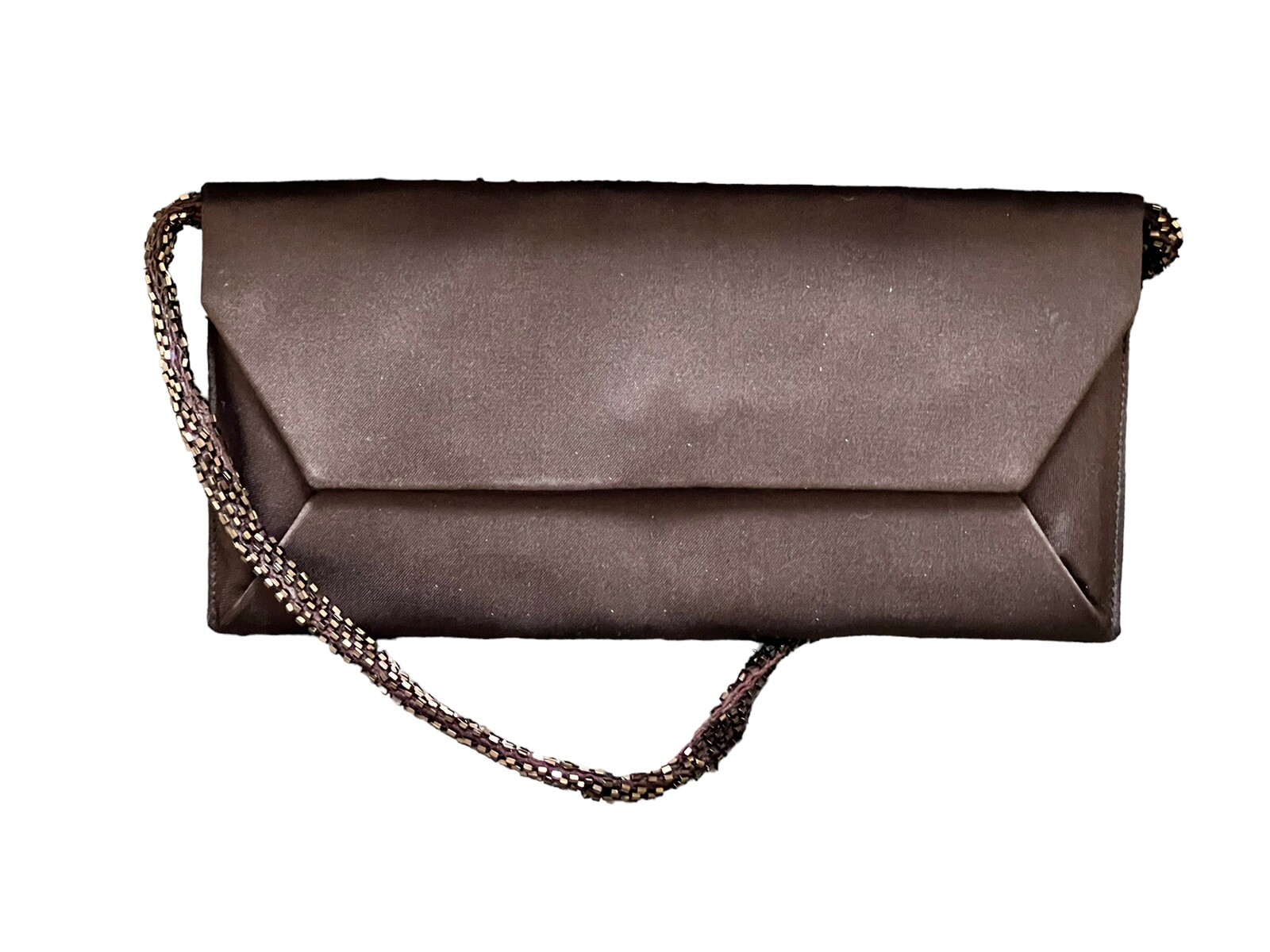 NANCY BACICH BROWN SILK SATIN BEADED HANDLE ENVELOPE EVENING BAG thumbnail 2