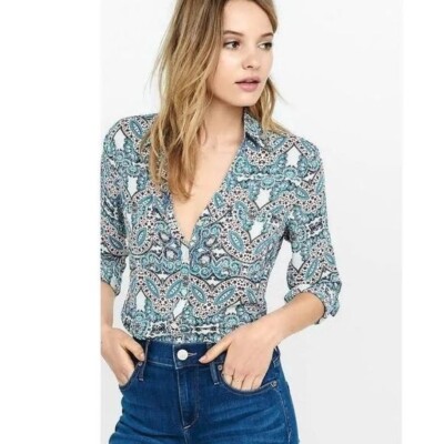 Express Womens S Blue Paisley Print Slim Fit Button Up Portofino Shirt Pockets