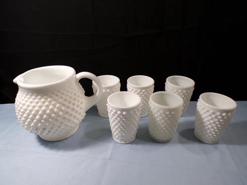 Fenton Milk Glass Hobnail Juice Set - Squat Pitcher Jug & 6 Juice Tumblers