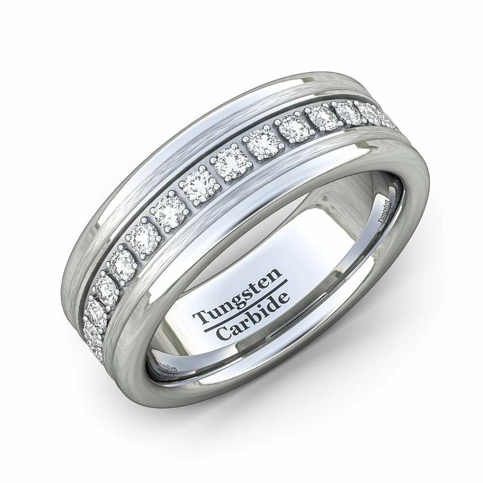 Anillo de boda clásico de tungsteno de circón cúbico carburo apilado pulido joyería para hombre Foto 2 de 3