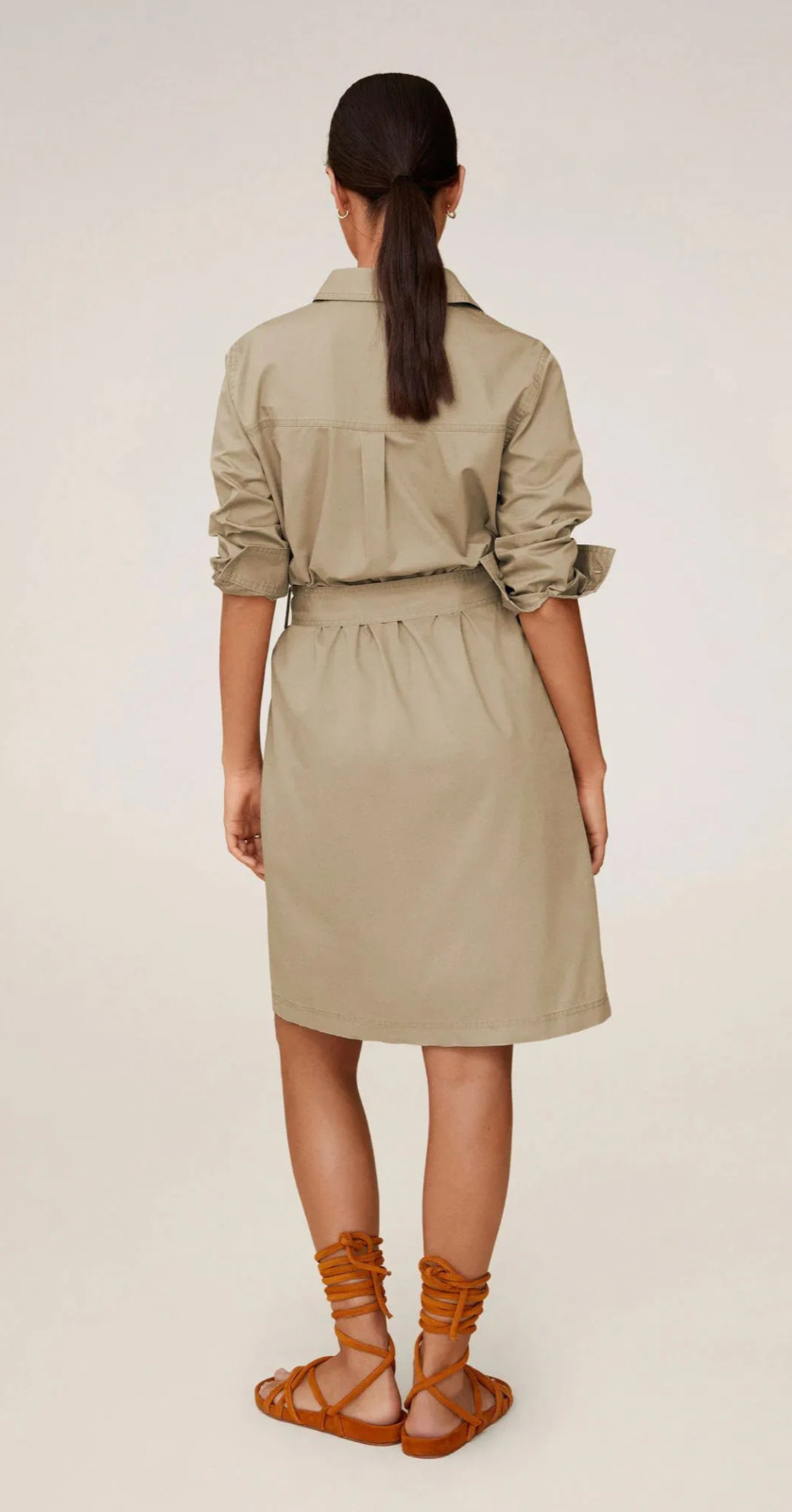 Mango Shirt Dress Women’s Size 4 Beige Robe Chemisier Belted Long Sleeve